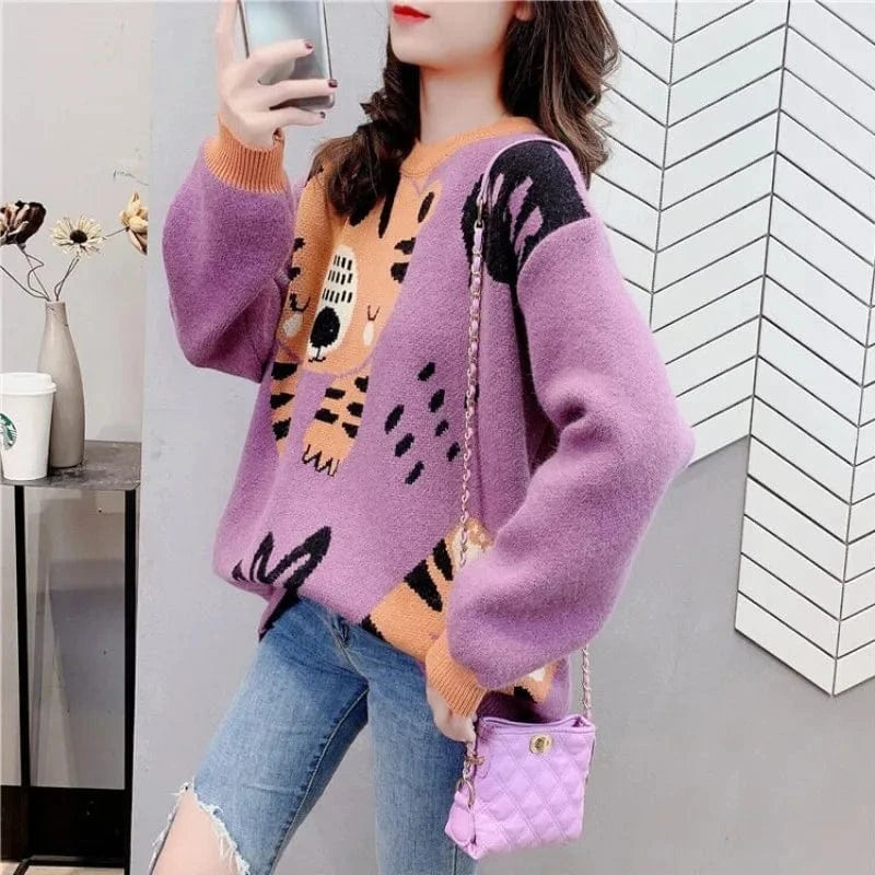 Plus Size / Purple 2024 Spring and autumn high-quality best-selling round neck long sleeve loose cartoon cat cute fashion women's printed sweater