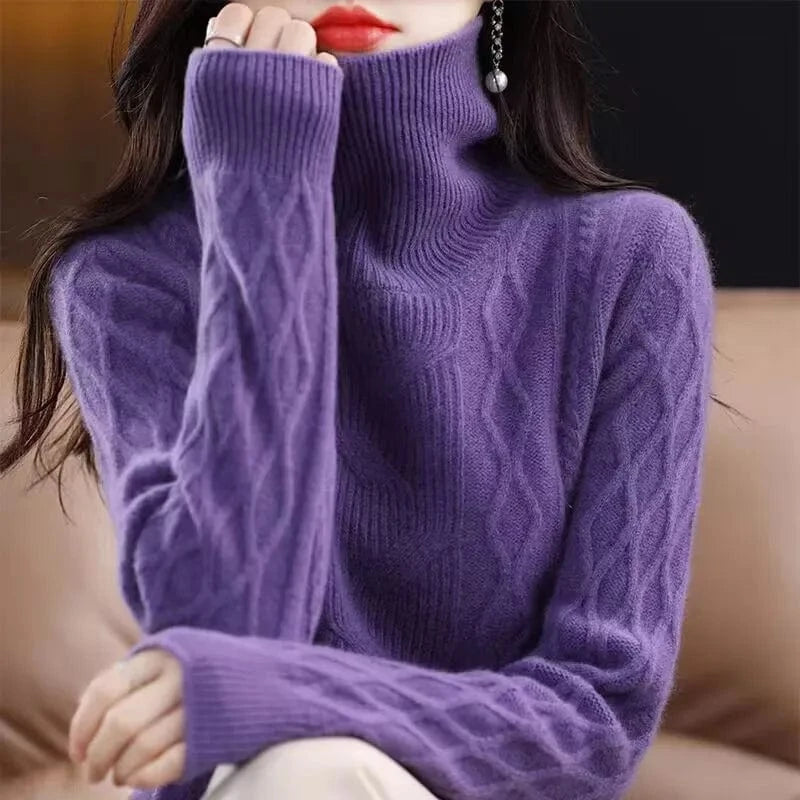 Plus Size / Purple Spring and autumn best-selling high-quality fashion women's solid color semi-turtleneck long-sleeved loose knit pullover sweater