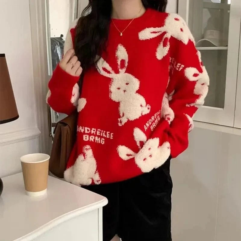 Plus Size / Red 2024 Fall Fashion ladies high quality best-selling crew-neck long sleeve cartoon cute rabbit print knitted Christmas sweater