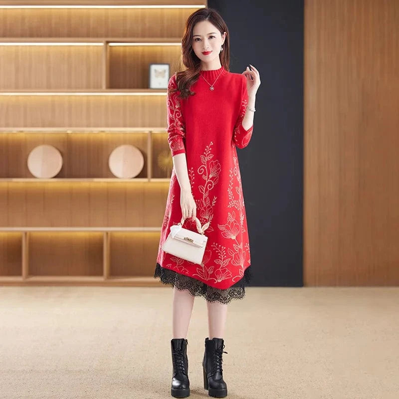 plus size / Red 2024 spring fashion women's best-selling crew-neck long sleeve loose flower jacquard high-quality knitted pullover sweater dress