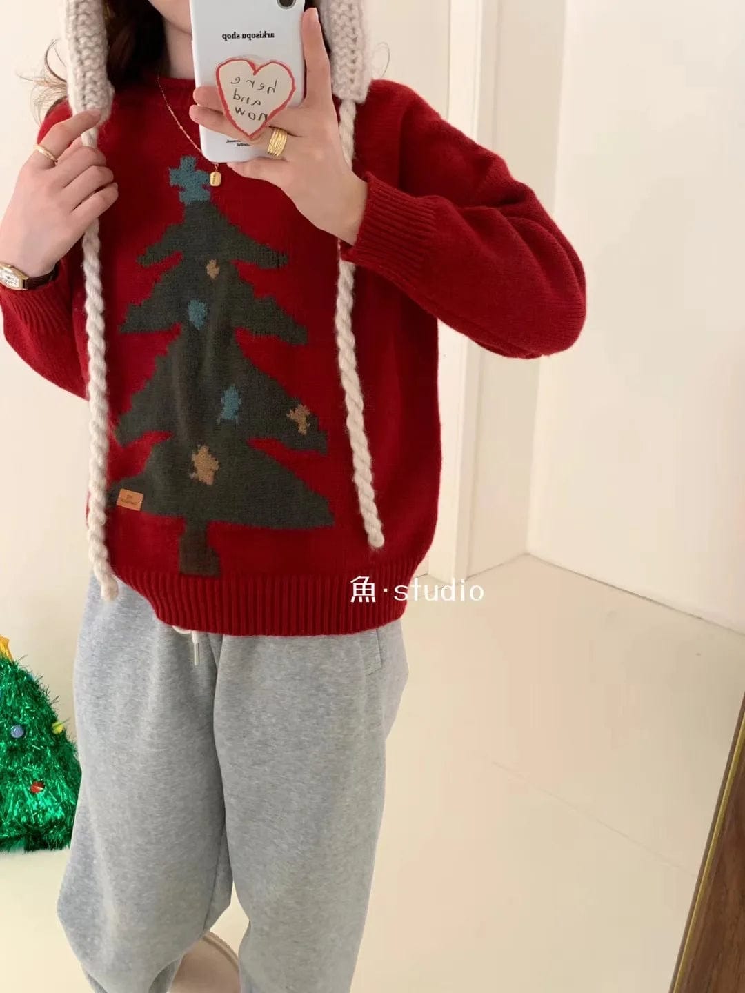 Plus Size / Red 2024 Spring new arrival neck long sleeve loose santa tree high quality jacquard sweater pullover jumper