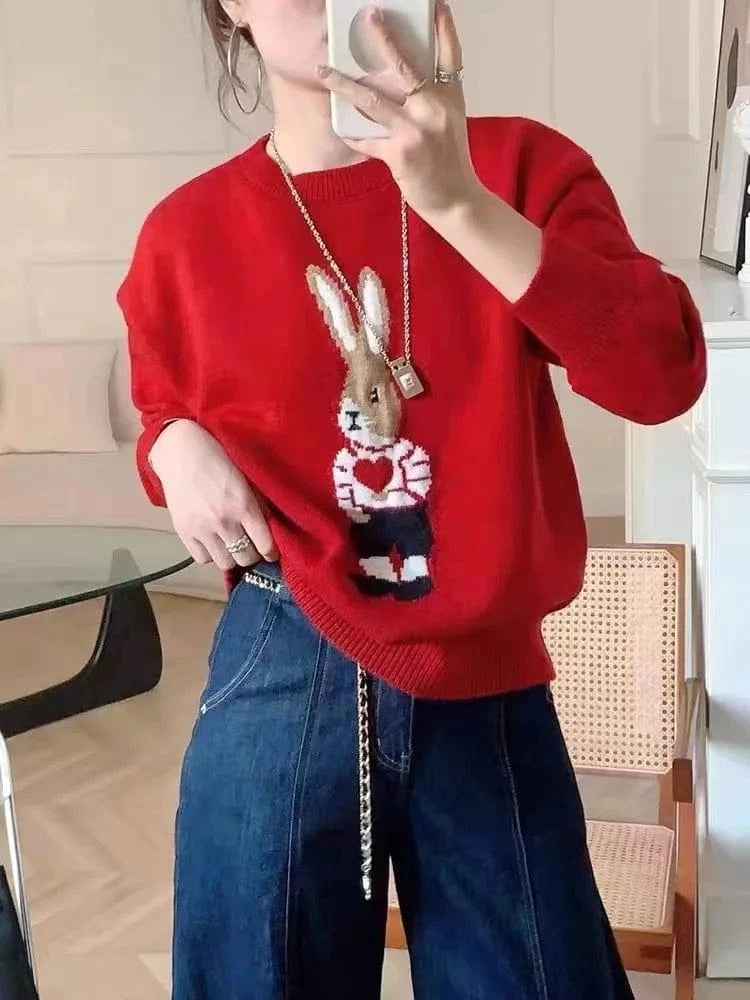 Plus Size / Red 2024 Spring women new arrival crew neck long sleeve cartoon animal jacquard  sweater jumper