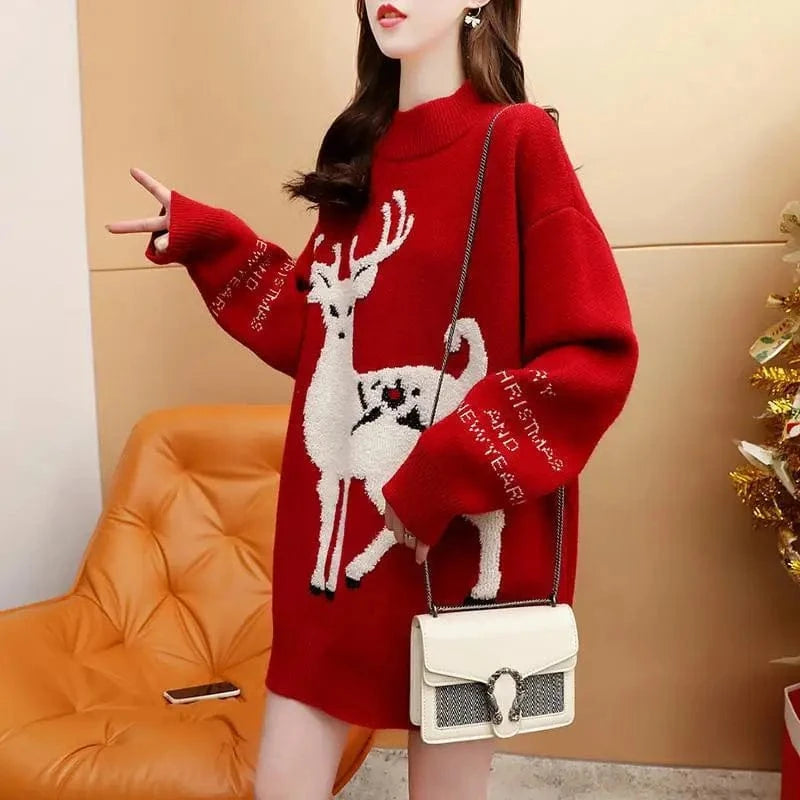 Plus Size / Red Wholesale winter new arrival fashion lady crew neck long sleeve oversized reindeer print unisex man and women christmas sweater