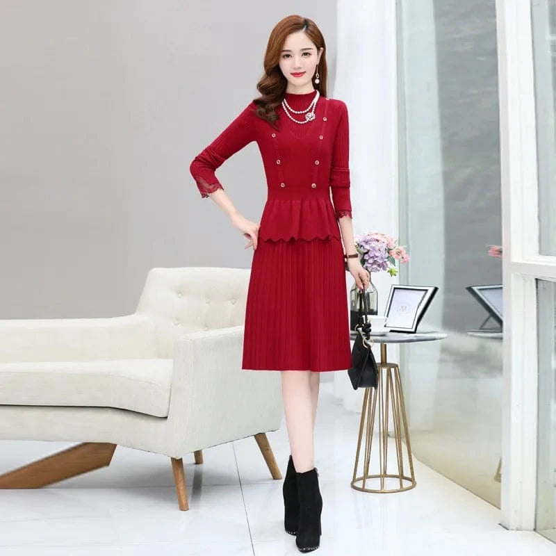 plus size / Rose Madder Autumn and winter high quality selling solid color round collar button design high waist in the long two-piece A-line dress