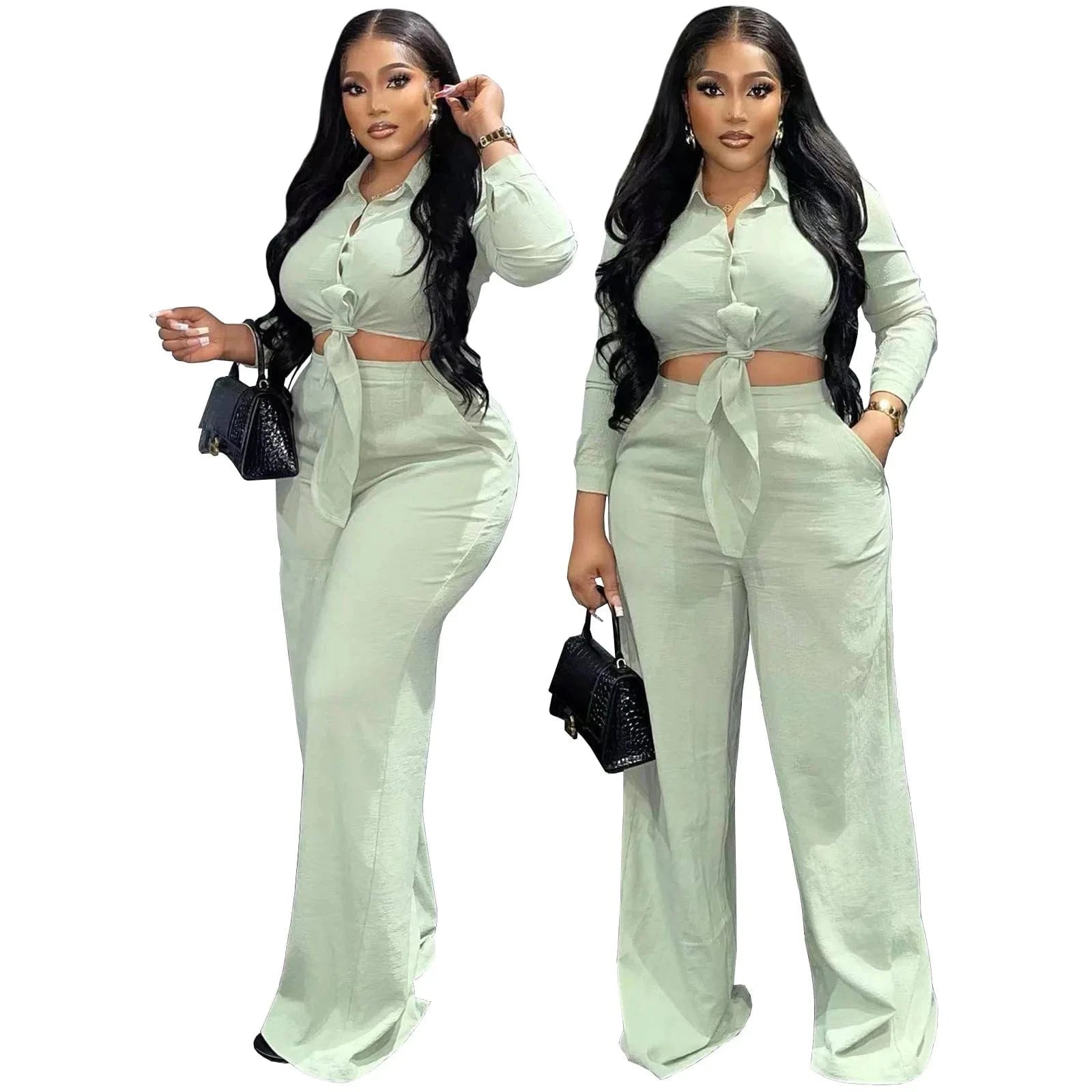 Plus Size S-3XL Womens Set Ladies Wide Leg Pants 2 Piece Set Button Casual Clothing Flare Two Piece Pants Set Women Clothing