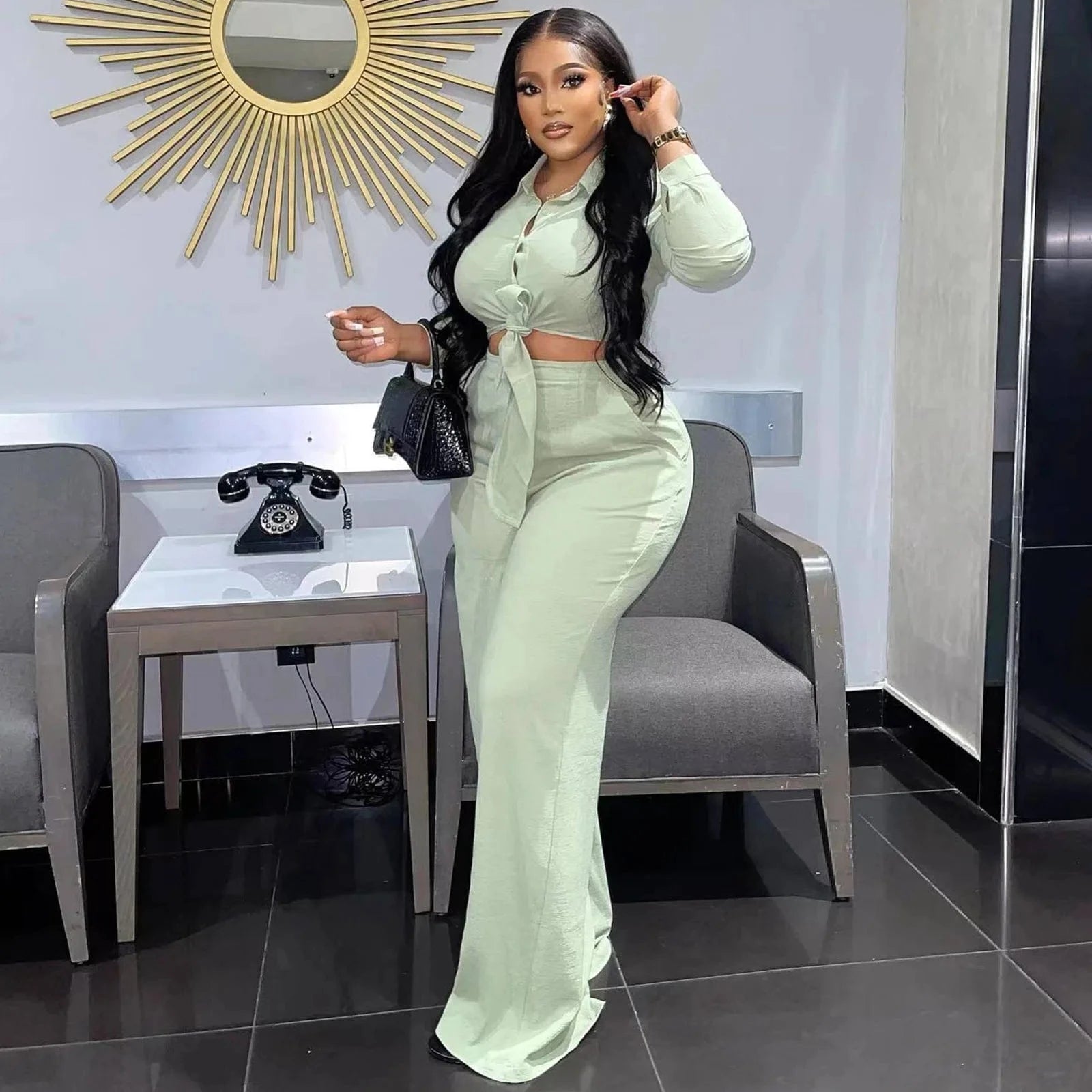 Plus Size S-3XL Womens Set Ladies Wide Leg Pants 2 Piece Set Button Casual Clothing Flare Two Piece Pants Set Women Clothing