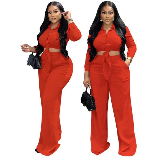 Plus Size S-3XL Womens Set Ladies Wide Leg Pants 2 Piece Set Button Casual Clothing Flare Two Piece Pants Set Women Clothing