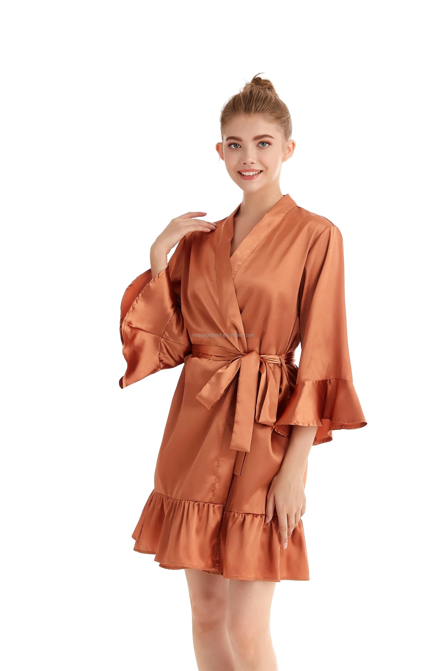 plus size / Sandy brown 2024 New 8238 Ruffle Satin Wedding Robes for Bridal Robes for Bridesmaid and  Bride robes