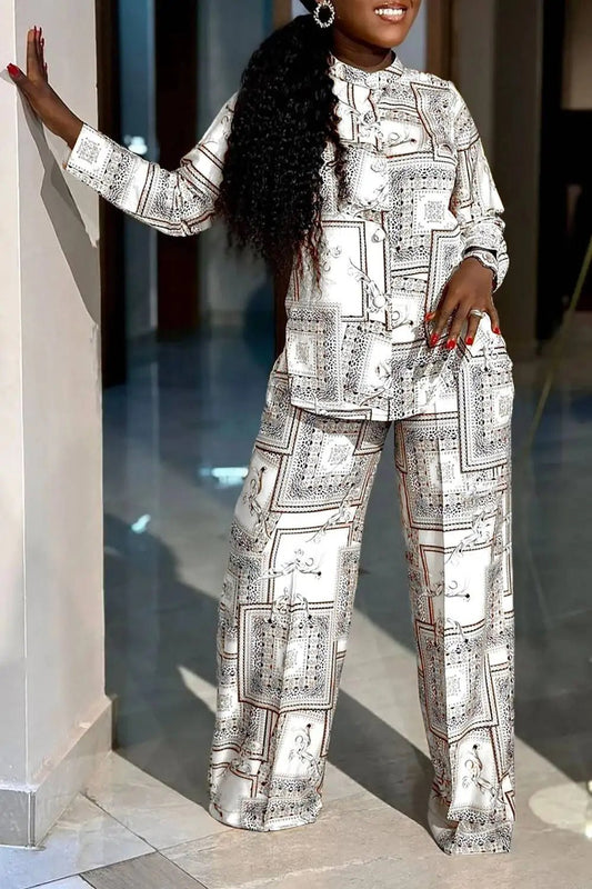 Plus Size Semi Formal Pant Set Yellow Pattern Print Button Design Wide Leg Two Piece Pant Set - SN Wigs & More