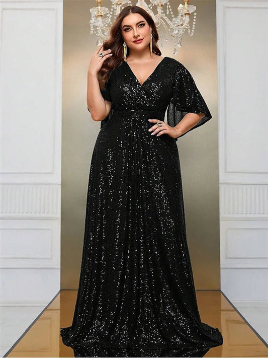 Plus Size Sequined Short Sleeve Floor Length Evening Dress Prom Banquet Classic Style - SN Wigs & More