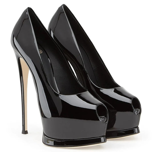 Plus Size Sexy Evening Dress D&#39;orsay Shoes Black Patent Leather Ladies Heels Women Peep Toe High Heel Pumps PU Rubber Solid