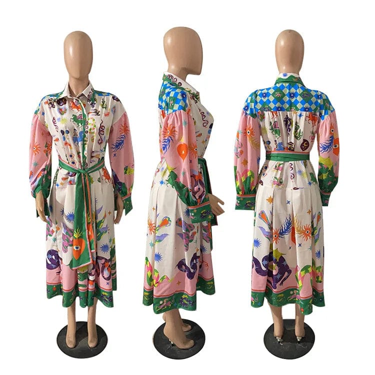 Plus Size Shirt Dress Women Summer Elegant Brand Luxury Printed A Line African Office Ladies High Waist Autumn Designer Dresses