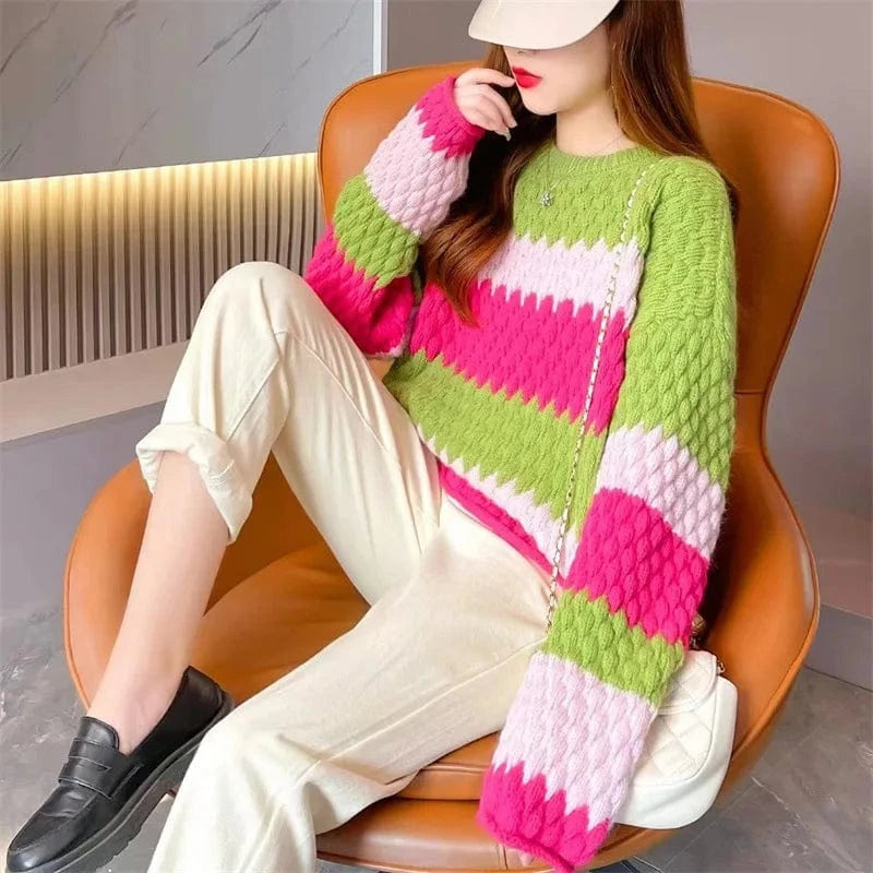 Plus size / stripe Spring new arrival fashion lady round neck batwing sleeve loose fit rainbow knit pullover sweaters