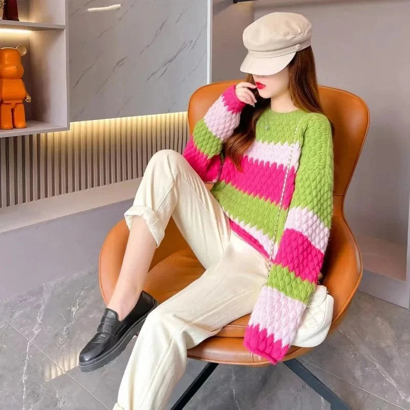 Plus size / stripe Spring new arrival fashion lady round neck batwing sleeve loose fit rainbow knit pullover sweaters