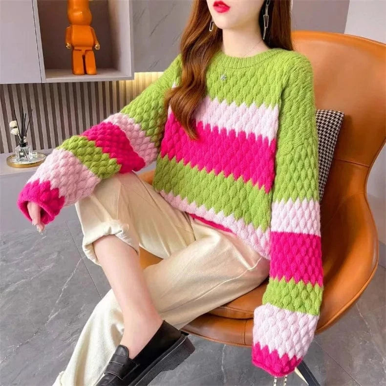 Plus size / stripe Spring new arrival fashion lady round neck batwing sleeve loose fit rainbow knit pullover sweaters
