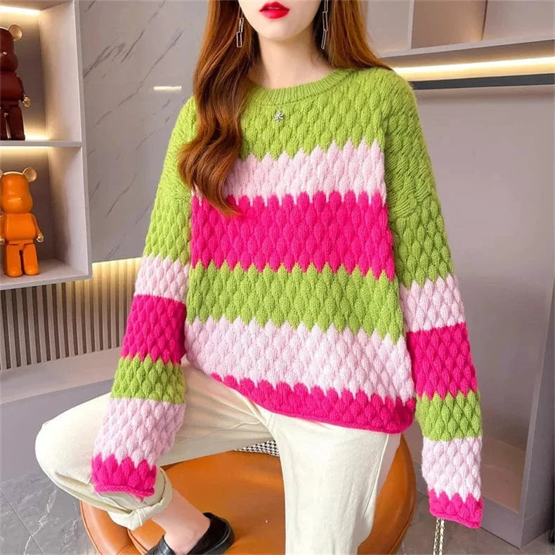 Plus size / stripe Spring new arrival fashion lady round neck batwing sleeve loose fit rainbow knit pullover sweaters