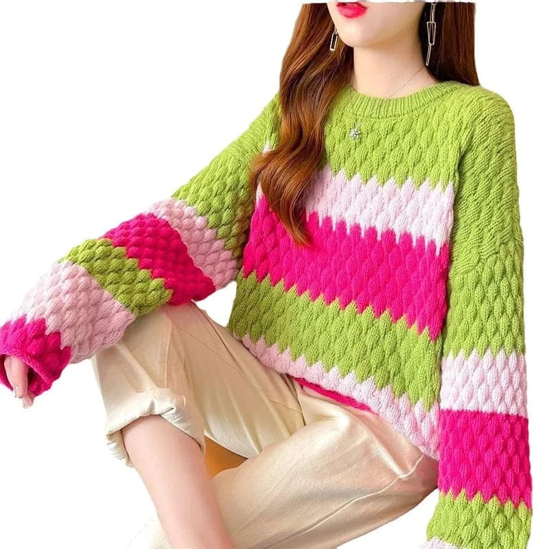 Plus size / stripe Spring new arrival fashion lady round neck batwing sleeve loose fit rainbow knit pullover sweaters