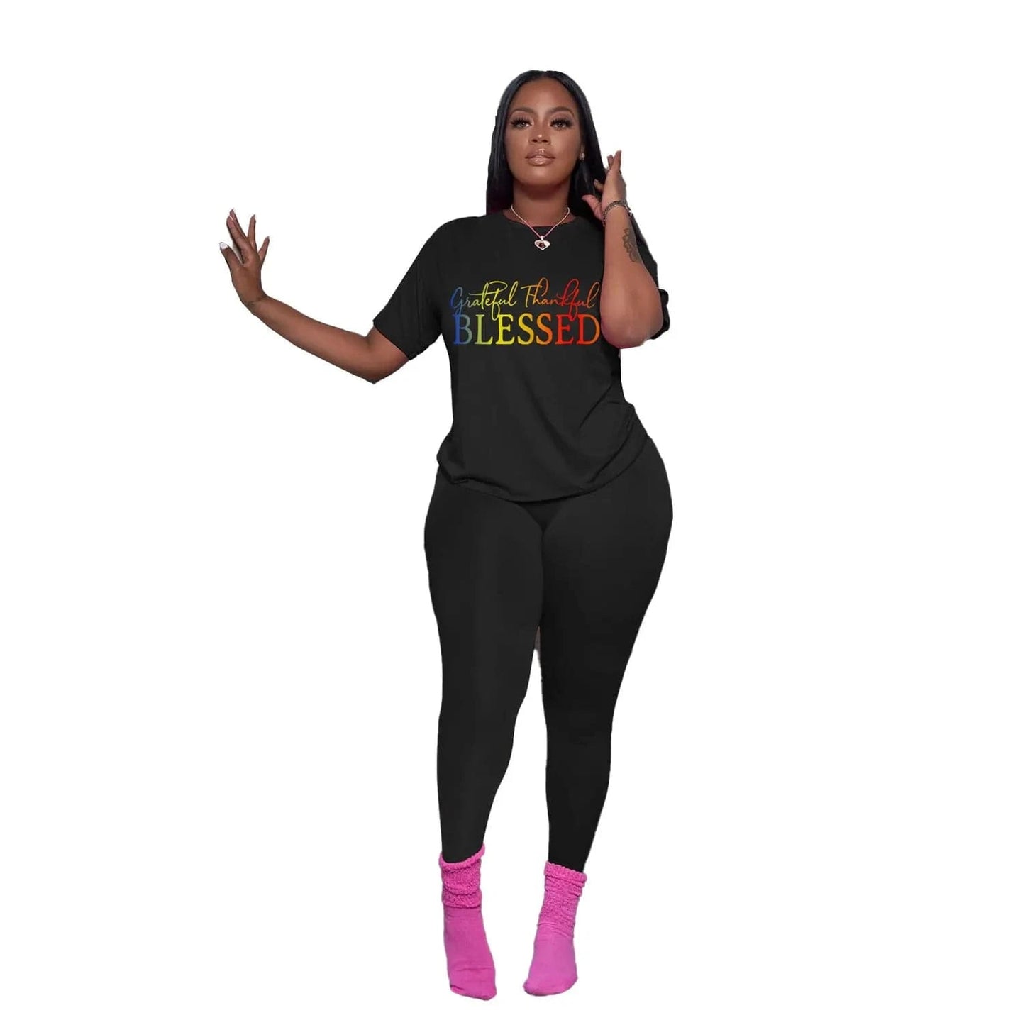 Plus Size Summer African Black Girl Melanin Womans Clothing Leggings Active Wear Joggers 2 Piece Two Piece Pants Set For Ladies