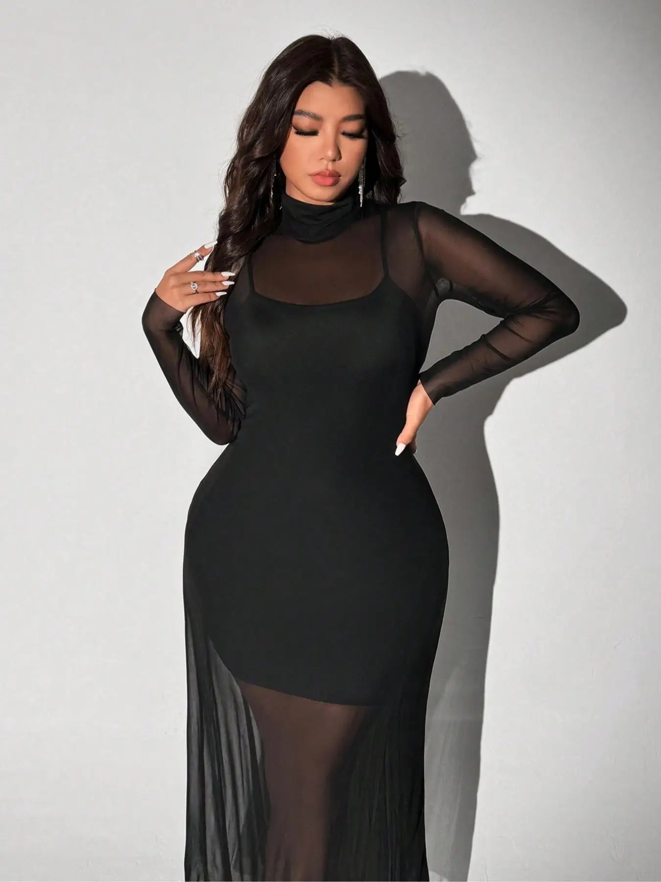 Plus Size Two - Piece Dress Set Knit Mesh Top - Strapless Knee - Length All Seasons Casual - SN Wigs & More
