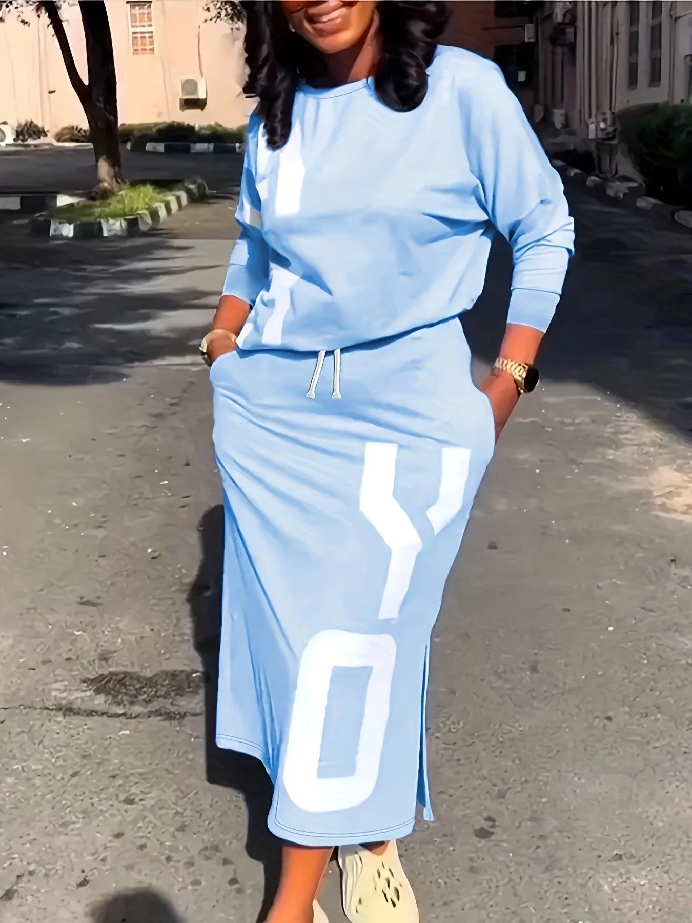 Plus Size Two Piece Set Letter Print Round Neck Long Sleeve Sporty Casual Everyday Style - SN Wigs & More