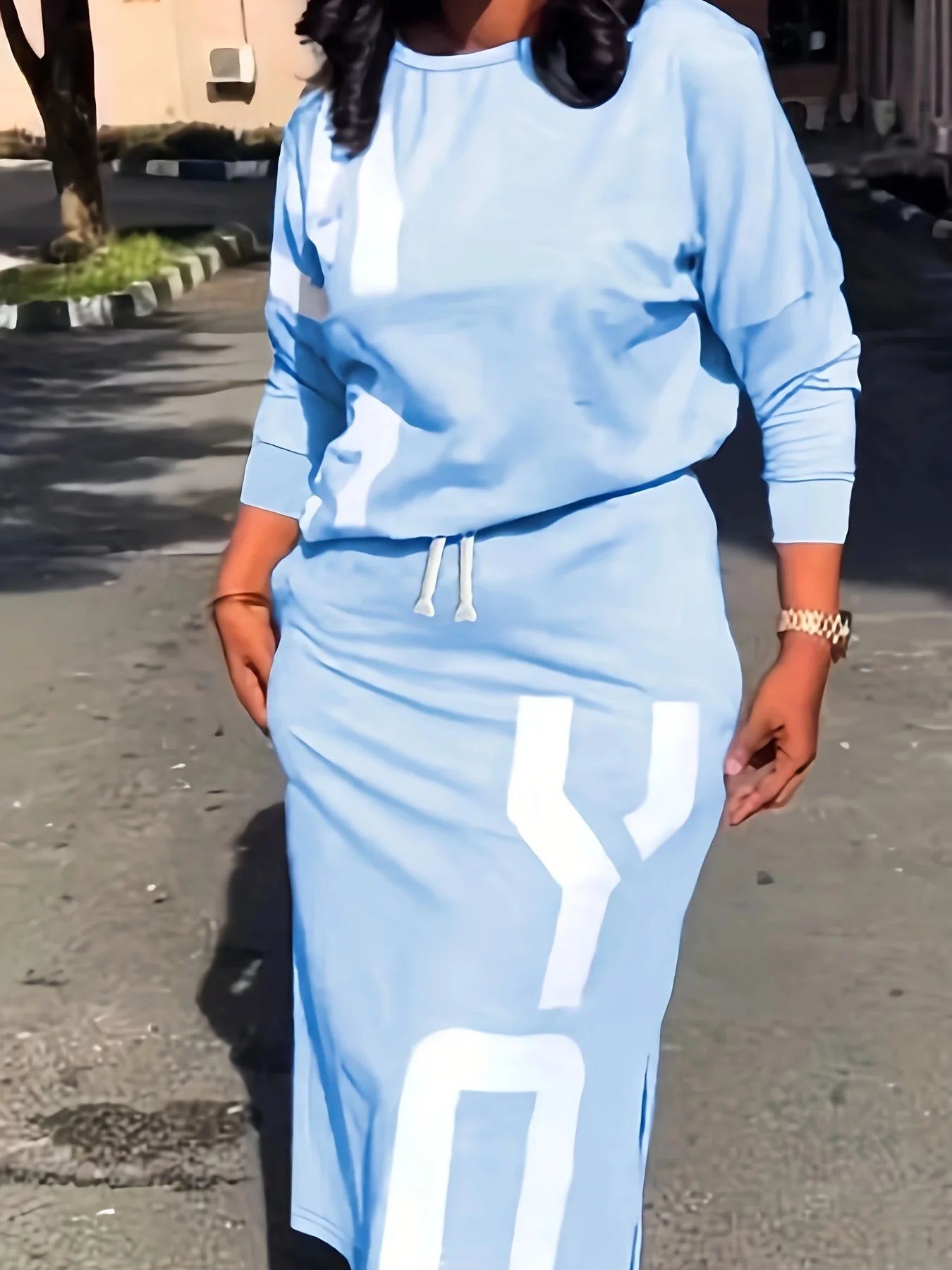 Plus Size Two Piece Set Letter Print Round Neck Long Sleeve Sporty Casual Everyday Style - SN Wigs & More