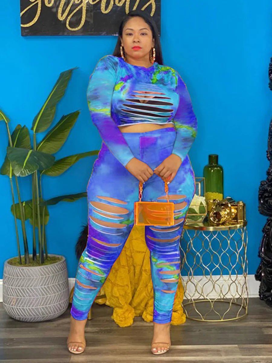 Plus Size Two - Piece Set Tie - Dye Long Sleeve Sexy Style - SN Wigs & More
