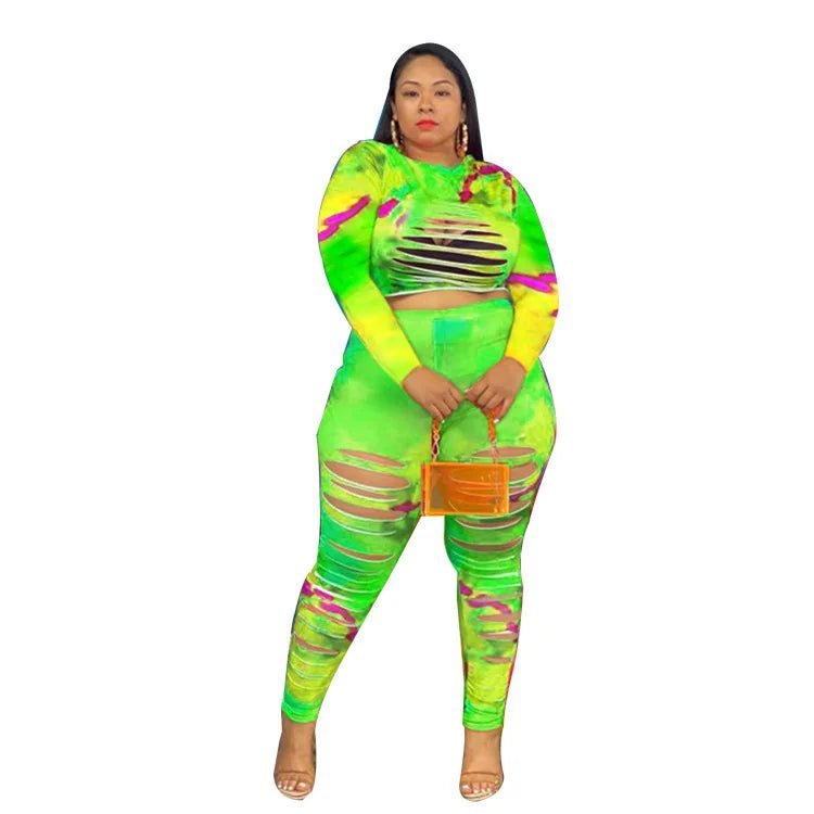 Plus Size Two - Piece Set Tie - Dye Long Sleeve Sexy Style - SN Wigs & More