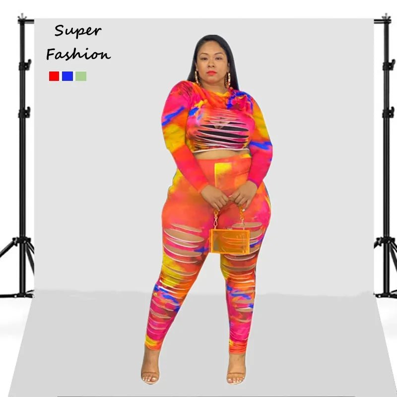 Plus Size Two - Piece Set Tie - Dye Long Sleeve Sexy Style - SN Wigs & More