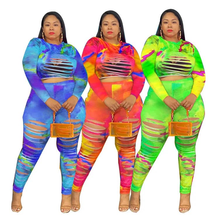 Plus Size Two - Piece Set Tie - Dye Long Sleeve Sexy Style - SN Wigs & More