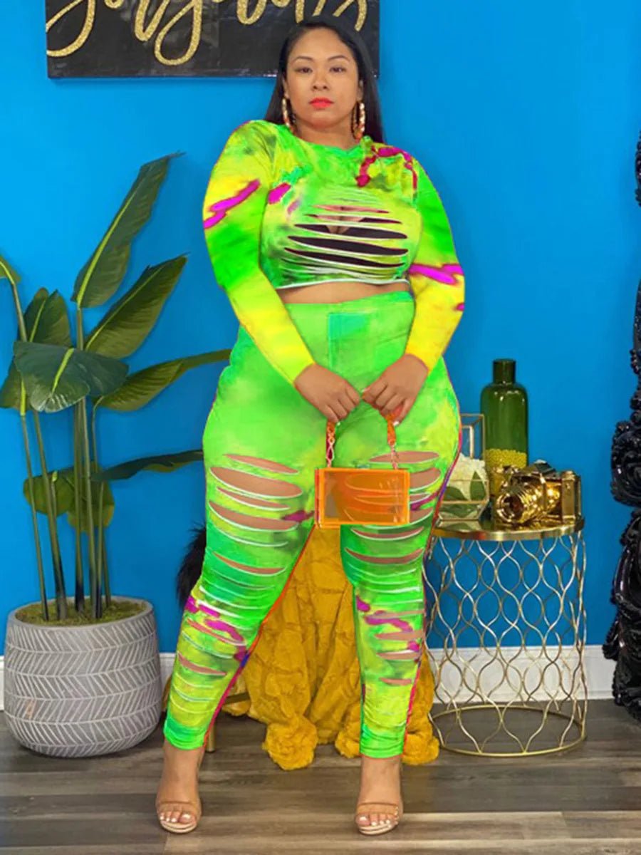 Plus Size Two - Piece Set Tie - Dye Long Sleeve Sexy Style - SN Wigs & More