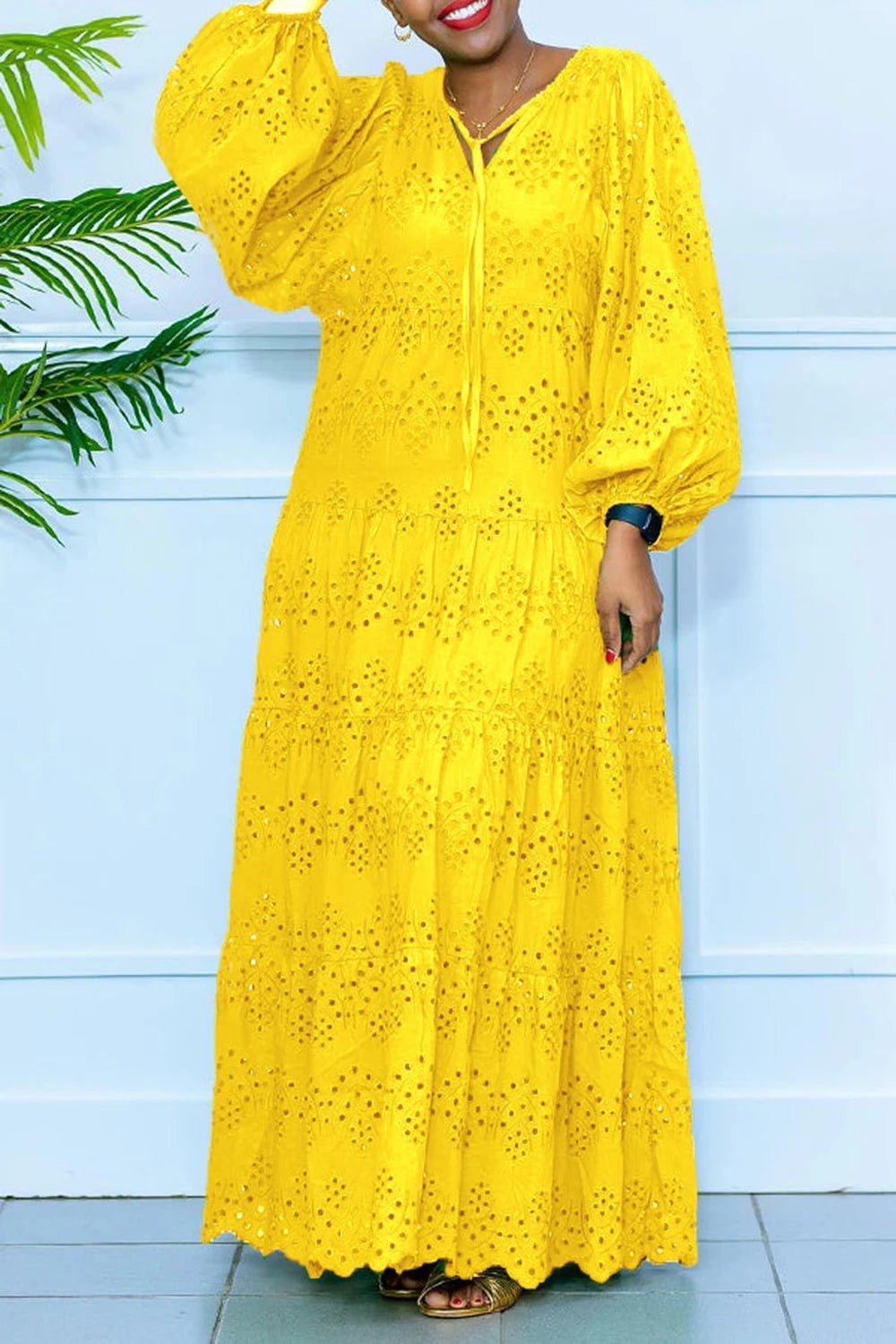 Plus Size Vacation Green Casual Hollow Puff Sleeve Long Sleeve Maxi Dresses - SN Wigs & More