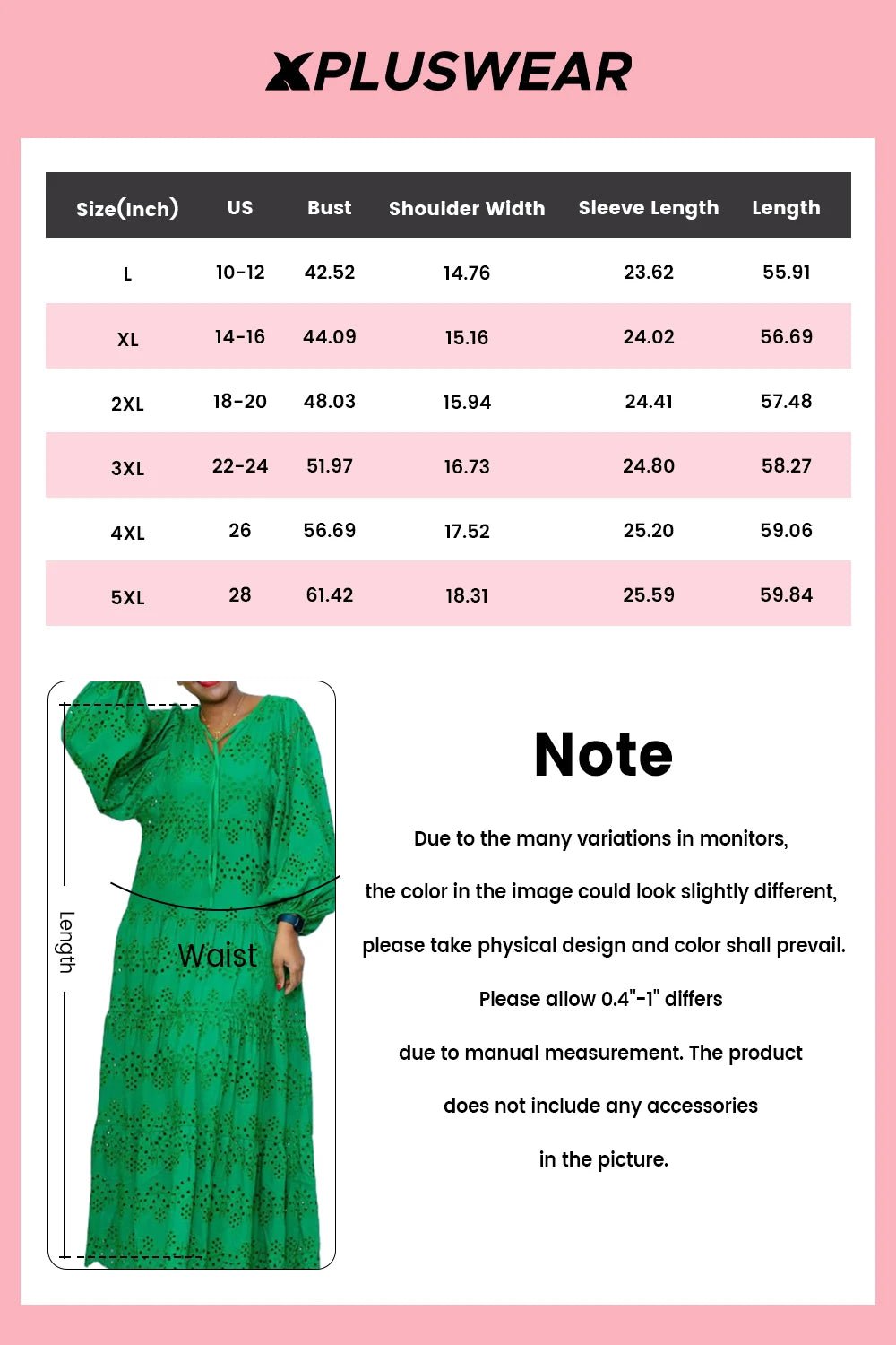 Plus Size Vacation Green Casual Hollow Puff Sleeve Long Sleeve Maxi Dresses - SN Wigs & More