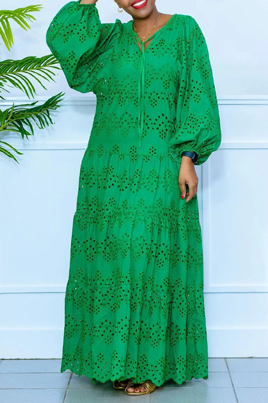Plus Size Vacation Green Casual Hollow Puff Sleeve Long Sleeve Maxi Dresses - SN Wigs & More