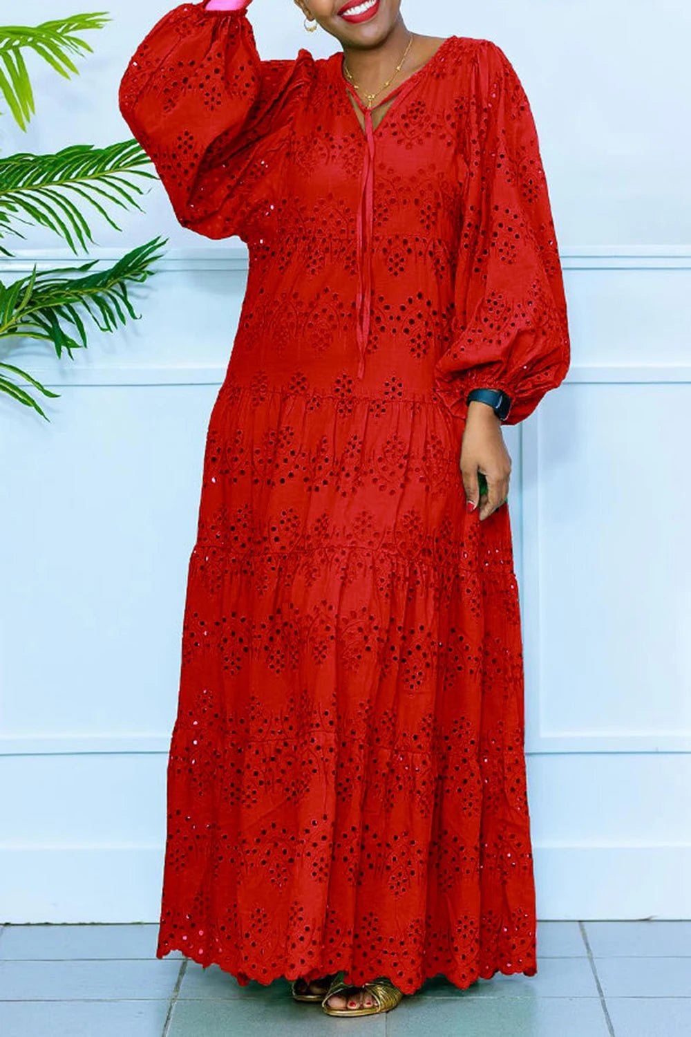 Plus Size Vacation Green Casual Hollow Puff Sleeve Long Sleeve Maxi Dresses - SN Wigs & More
