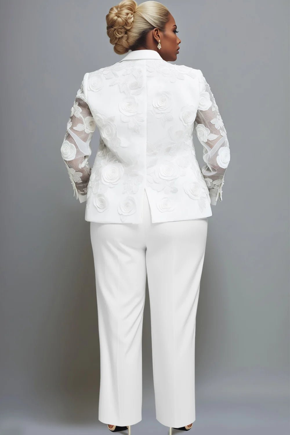 Plus Size Wedding White Elegant Lapel Collar Long Sleeve See Through 3D Two Piece Pant Suits - SN Wigs & More