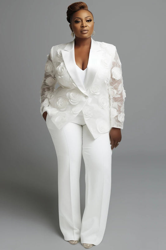 Plus Size Wedding White Elegant Lapel Collar Long Sleeve See Through 3D Two Piece Pant Suits - SN Wigs & More