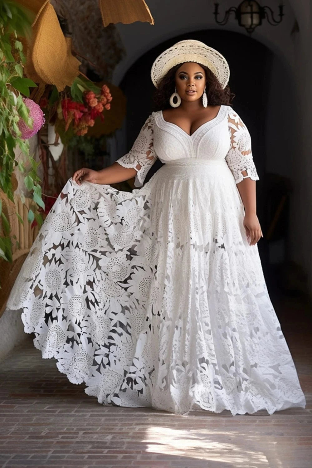 Plus Size Wedding White V Neck Half Sleeve See Through Lace Maxi Dresses