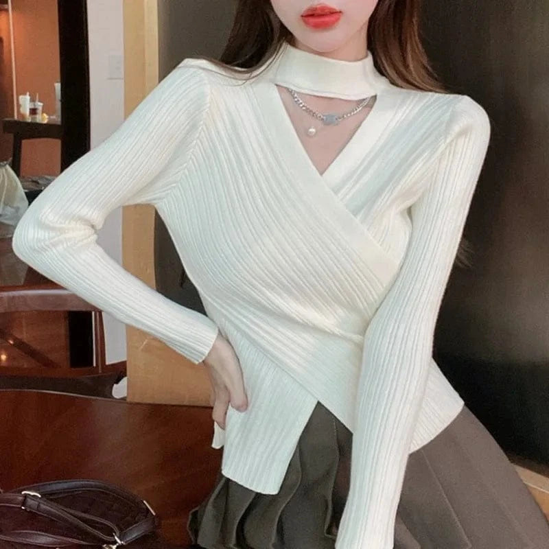 Plus Size / White 2023 autumn new arrival fashion high-quality slim-fit women's semi-high crewneck solid color halters knit base sweater