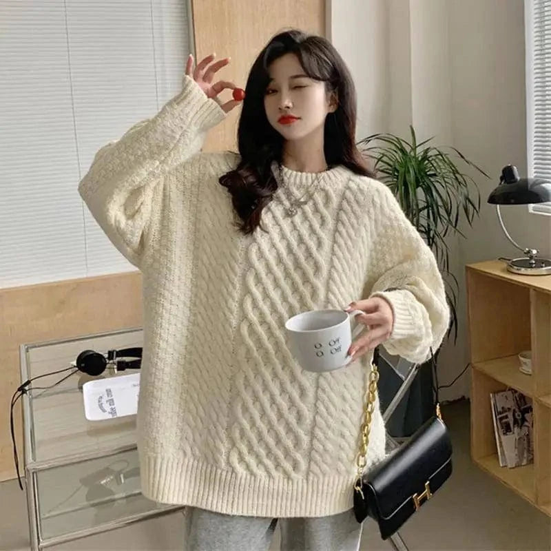 Plus Size / White 2024 autumn high-quality fashion women's best-selling solid color long-sleeved crewneck loose pullover sweater