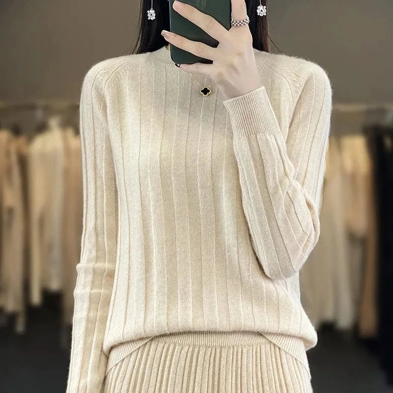 Plus size / White 2024 autumn winter fashion lady crew neck long sleeve body fit stripe tight sweater shirt