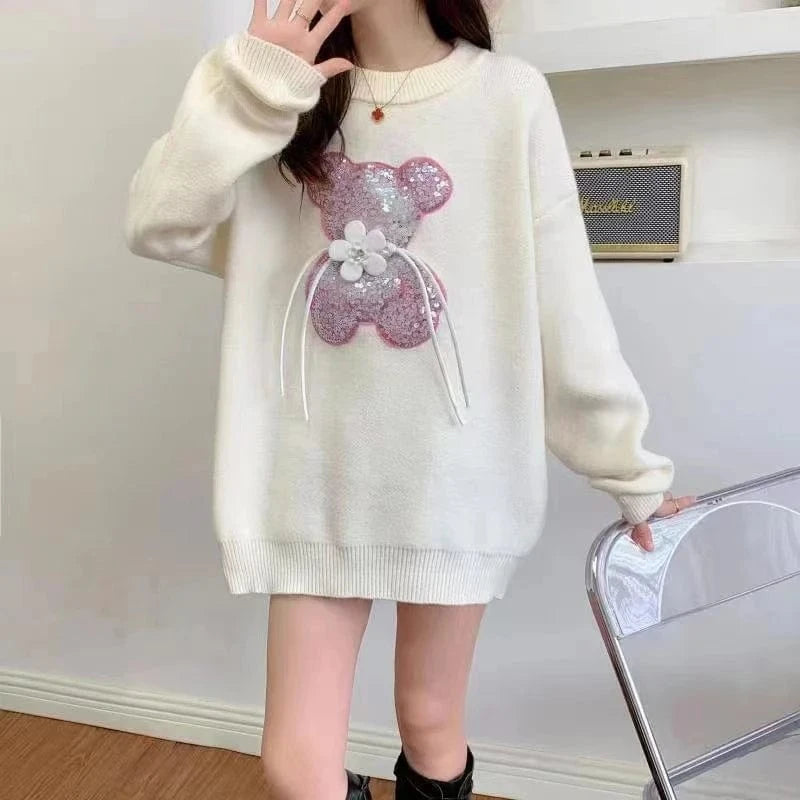 Plus Size / White 2024 early spring fashionable women new arrival round neck loose fit luxury high quality bear beading pullover sweater