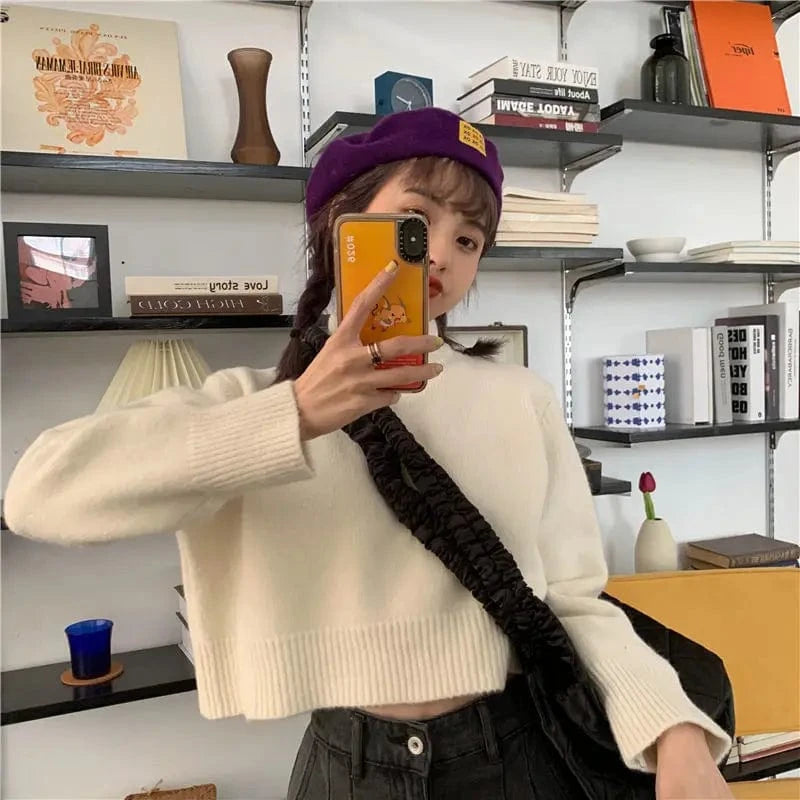 Plus Size / White 2024 Spring and autumn best-selling high-quality fashion women's solid color two-lapel long-sleeved loose knit pullover sweater