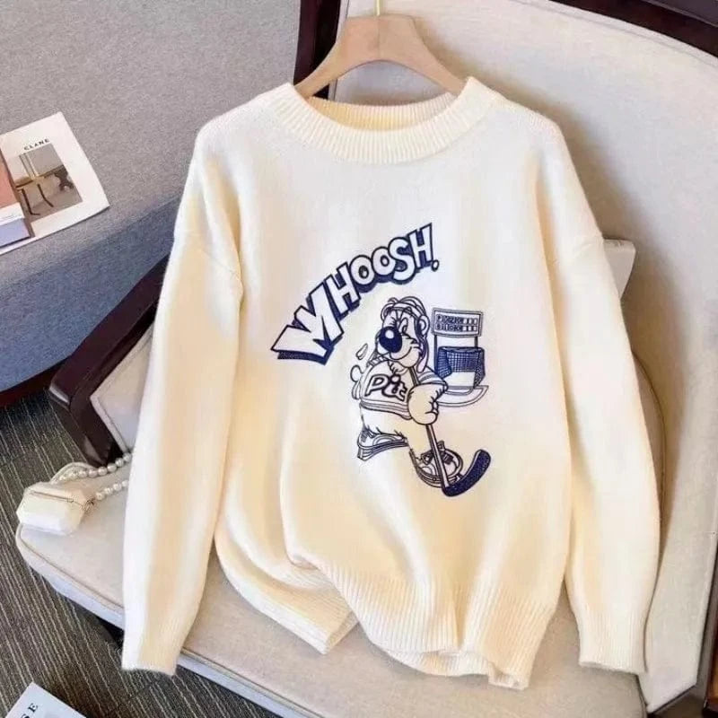 Plus Size / White 2024 spring and autumn best-selling high quality o collar long sleeve slim cartoon letter jacquard women's knitwear
