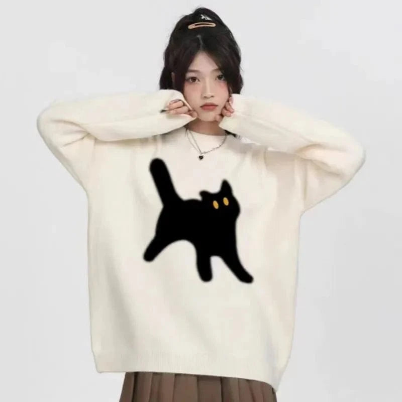 Plus Size / White 2024 spring and fall new arrivals best-selling girls' regular loose crew-neck kitten print cartoon knit pullover sweater