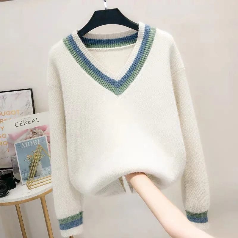 Plus Size / White 2024 spring new arrivals best-selling high-quality V-neck loose solid color fashion women's boutique cheap pullover sweater
