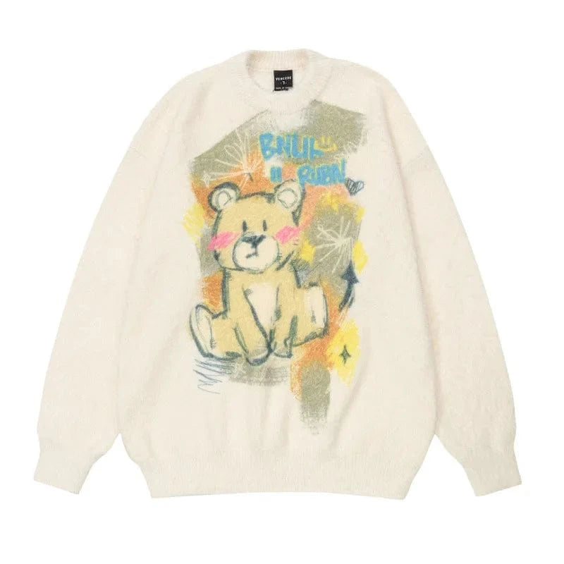 Plus Size / White 2024 Spring  woman new arrival crew neck long sleeve oversize mohair cartoon bear jacquard mohair sweater jumper