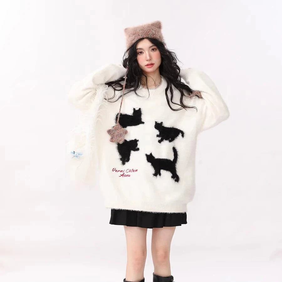 Plus Size / White 2024 Spring women fashionable crew neck long sleeve cartoon cat animal jacquard mohair sweater jumper