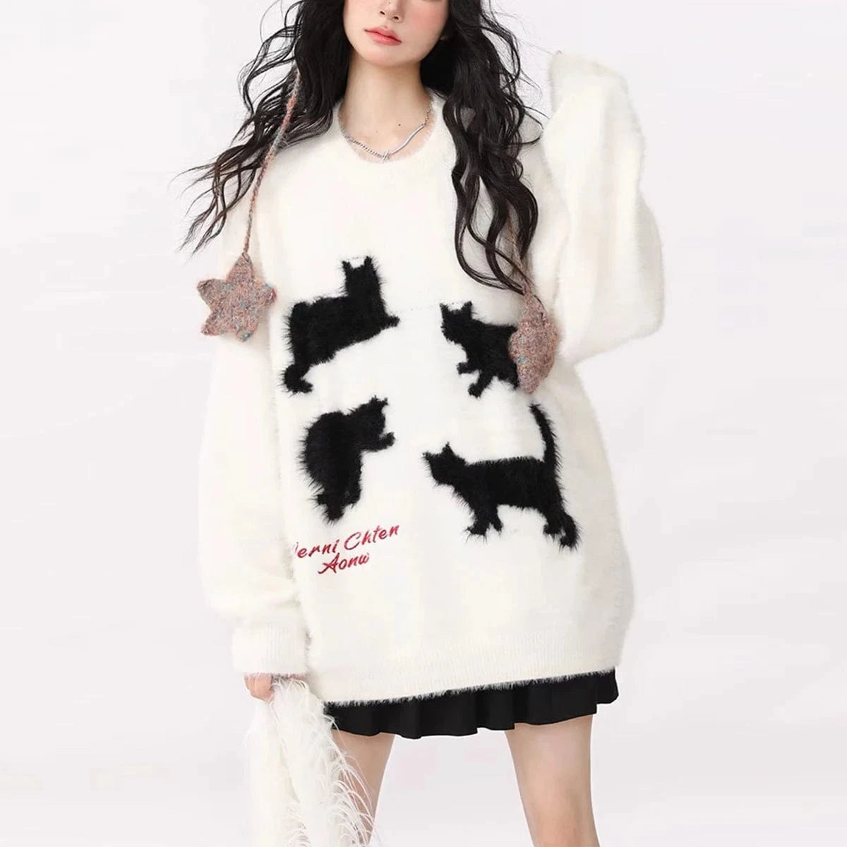 Plus Size / White 2024 Spring women fashionable crew neck long sleeve cartoon cat animal jacquard mohair sweater jumper
