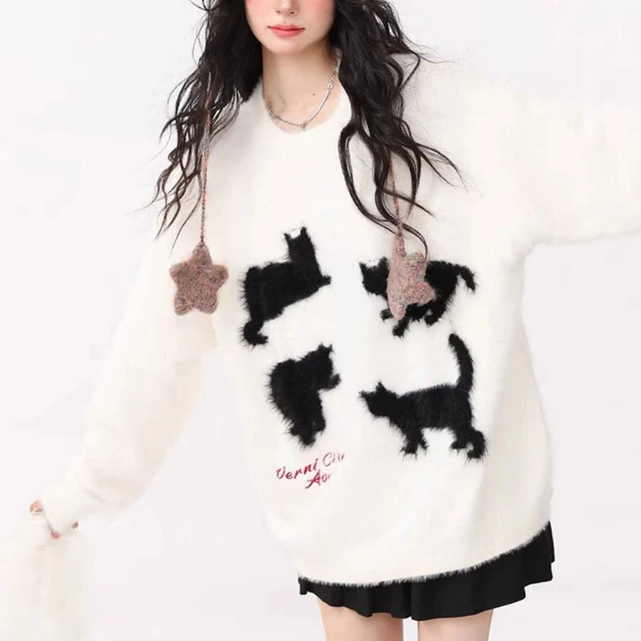 Plus Size / White 2024 Spring women fashionable crew neck long sleeve cartoon cat animal jacquard mohair sweater jumper