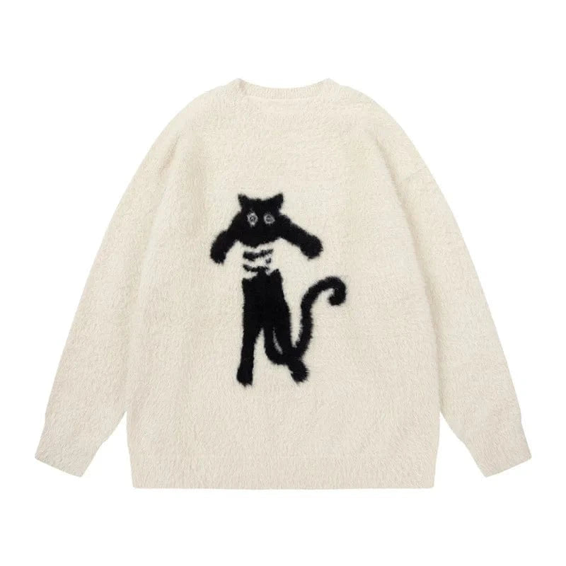 Plus Size / White 2024 Spring women new arrival crew neck long sleeve cartoon cat animal jacquard soft sweater jumper